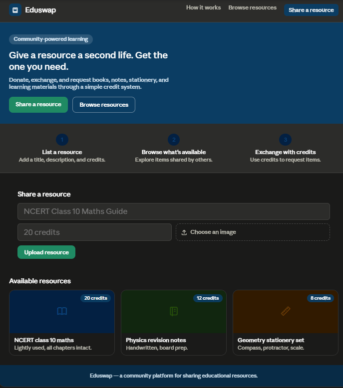 Eduswap Educational Resource Exchange Platform Screenshot